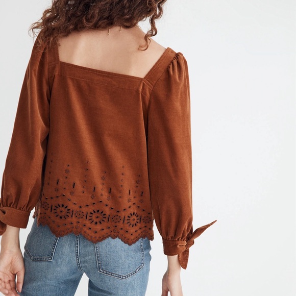Madewell Embroidered Eyelet Corduroy Tie-Sleeve Top Size Medium Western Boho - Picture 3 of 11